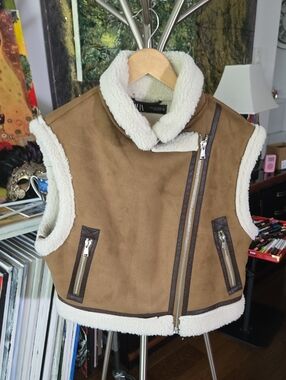 Zara Kids Tan Faux-Suede Sherpa Vest with Cream Trim